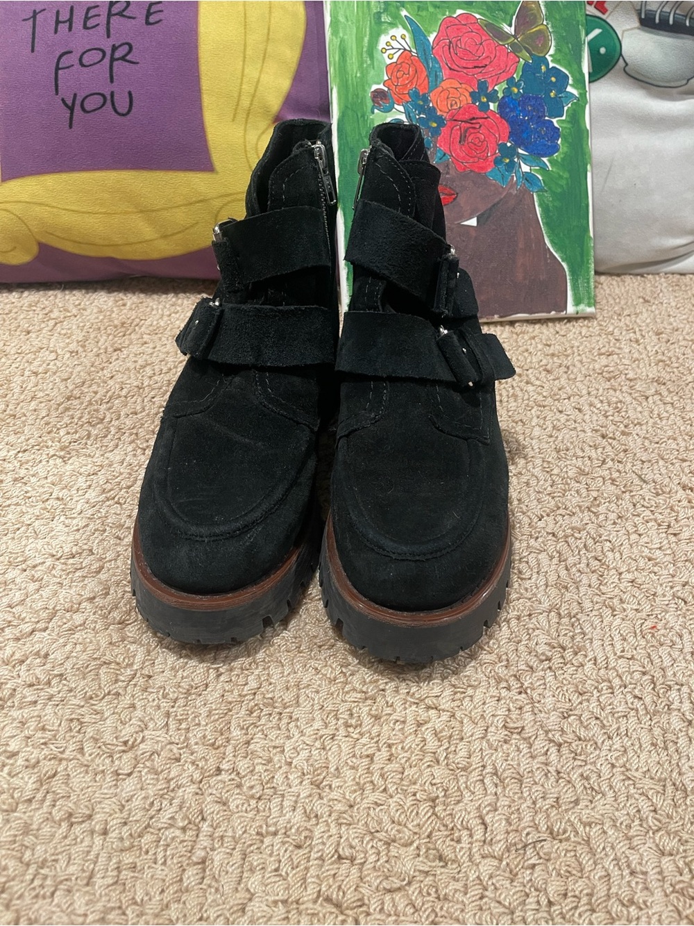 Steve Madden Black Suede Strap Lug Ankle Booties